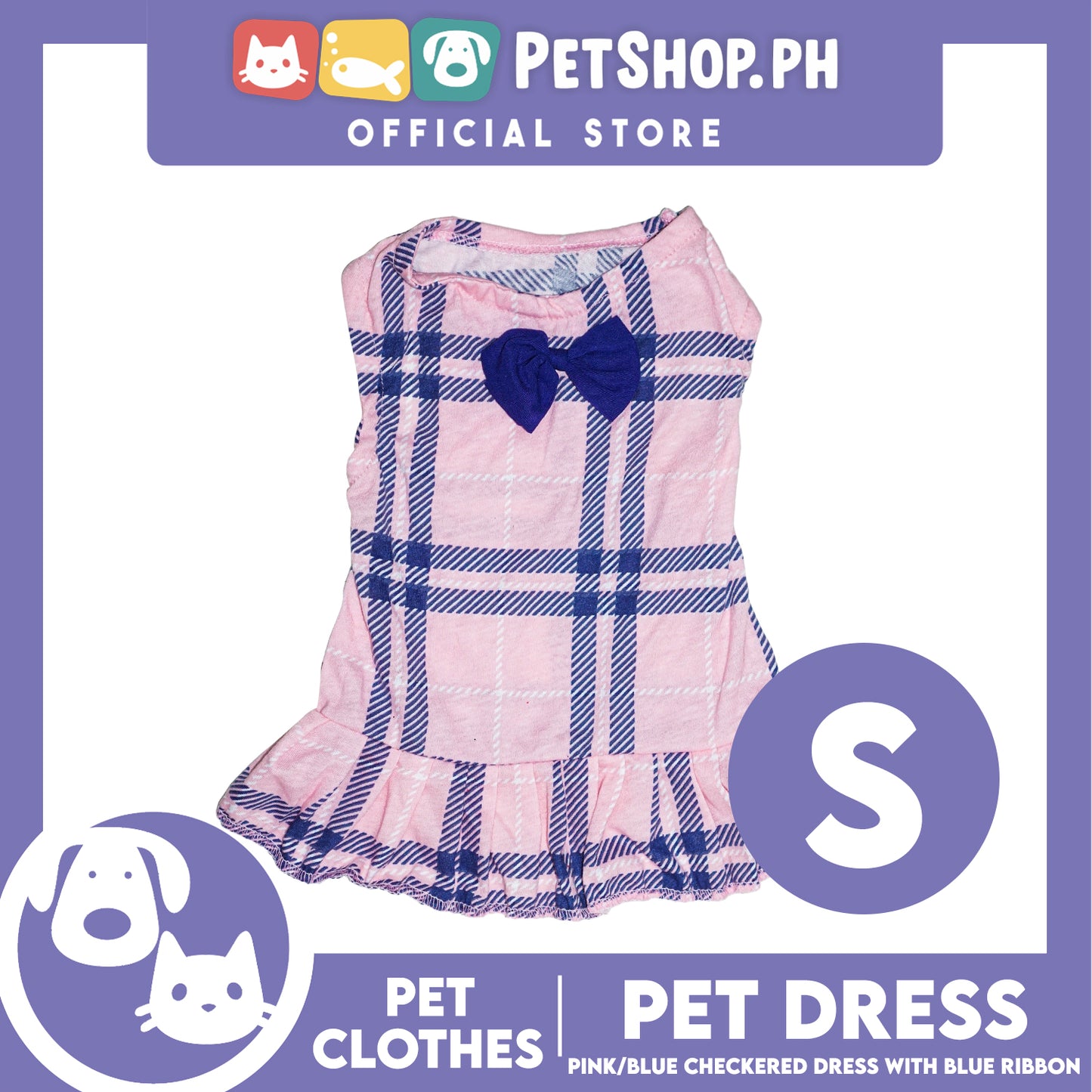Pet Dress Pink/Blue Checkered Dress with Blue Ribbon (Small) Perfect Fit for Dogs and Cats