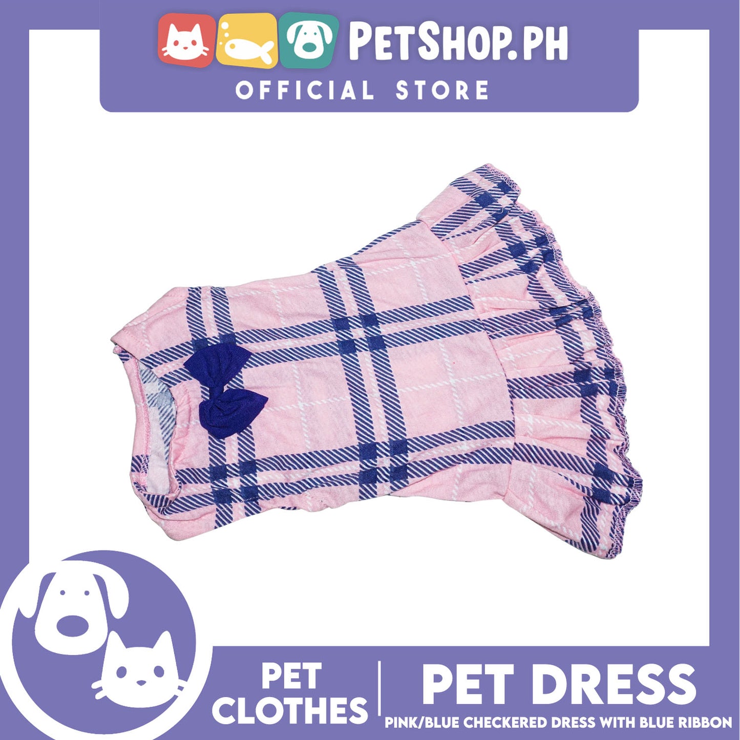 Pet Dress Pink/Blue Checkered Dress with Blue Ribbon (Medium) Perfect Fit for Dogs and Cats