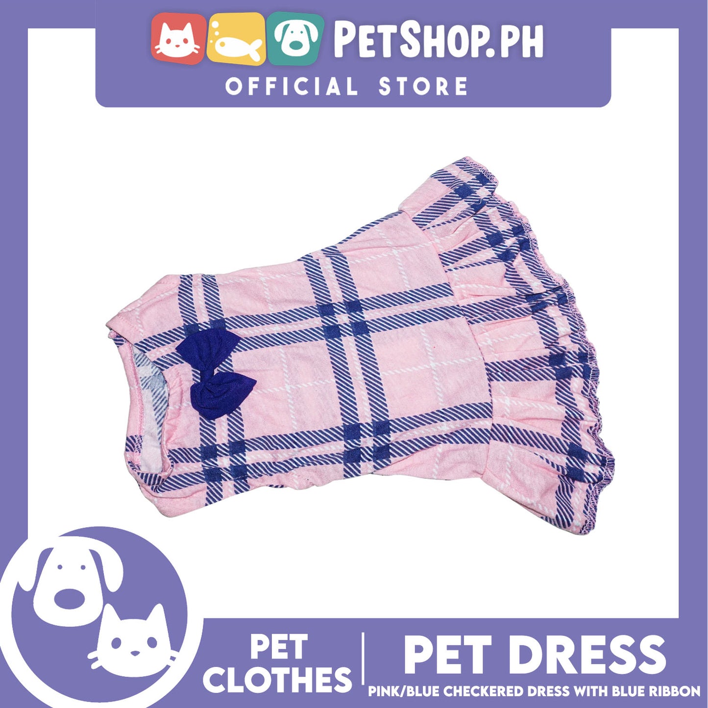 Pet Dress Pink/Blue Checkered Dress with Blue Ribbon (Large) Perfect Fit for Dogs and Cats