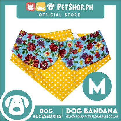 Dog Bandana Yellow Polka with Floral Blue Collar Design (Medium) Washable Scarf