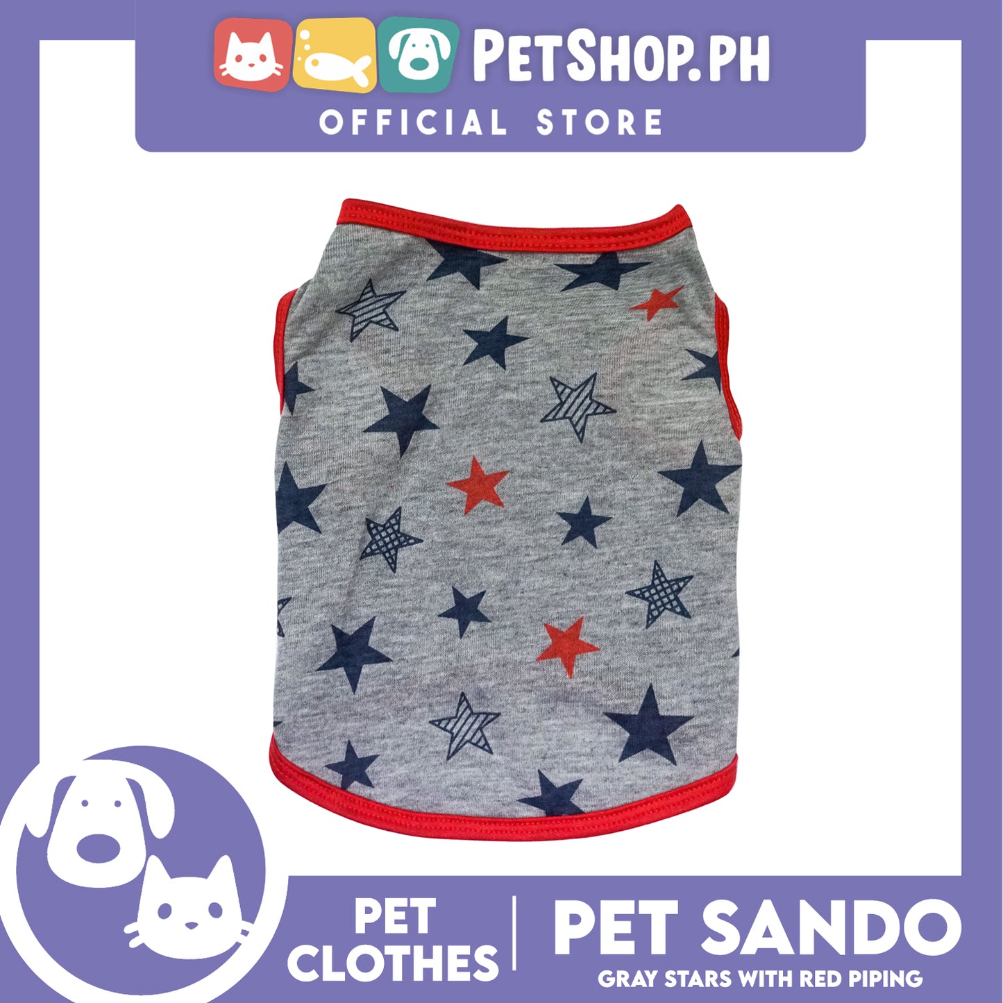 Pet Sando Gray Stars with Red Piping (Large) Pet Shirt Clothes Perfect fit for Dogs