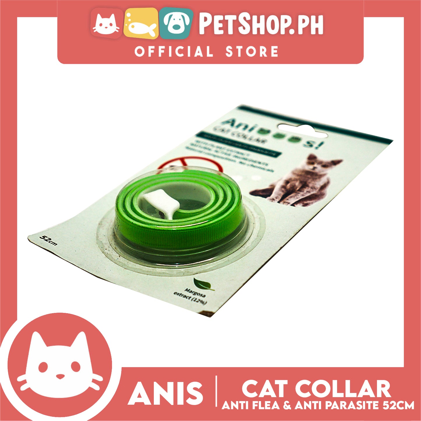Adjustable Cat Collar Anti-Flea and Anti-Parasite 52cm with 12% Margosa Extract Flea C6713 (Green)