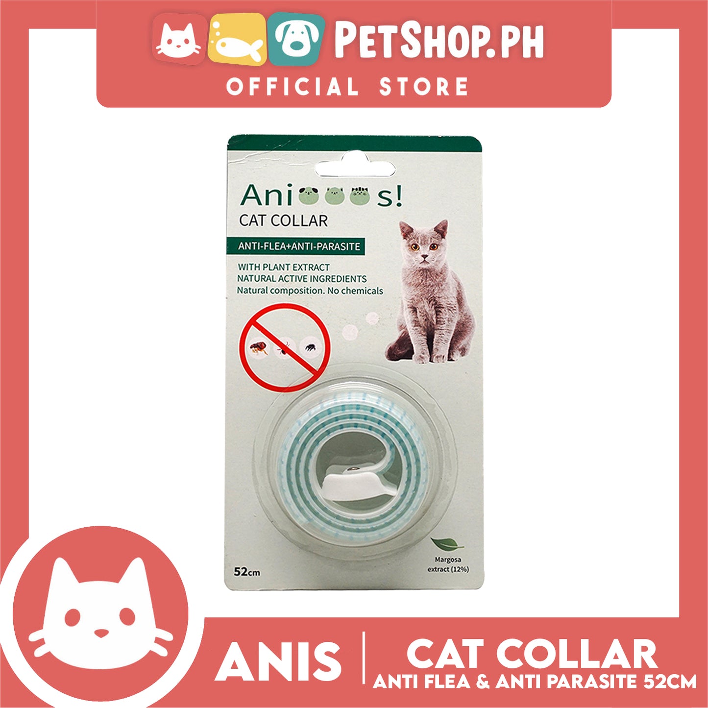 Adjustable Cat Collar Anti-Flea and Anti-Parasite 52cm with 12% Margosa Extract Flea C6713 (Blue)