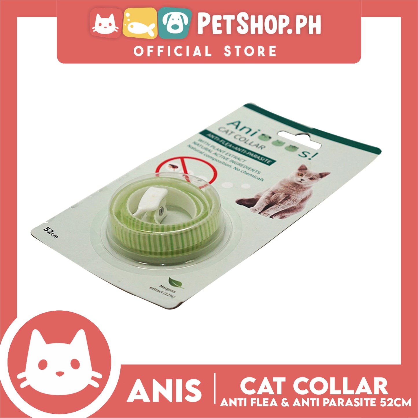 Adjustable Cat Collar Anti-Flea and Anti-Parasite 52cm with 12% Margosa Extract Flea C6713 (Mint)