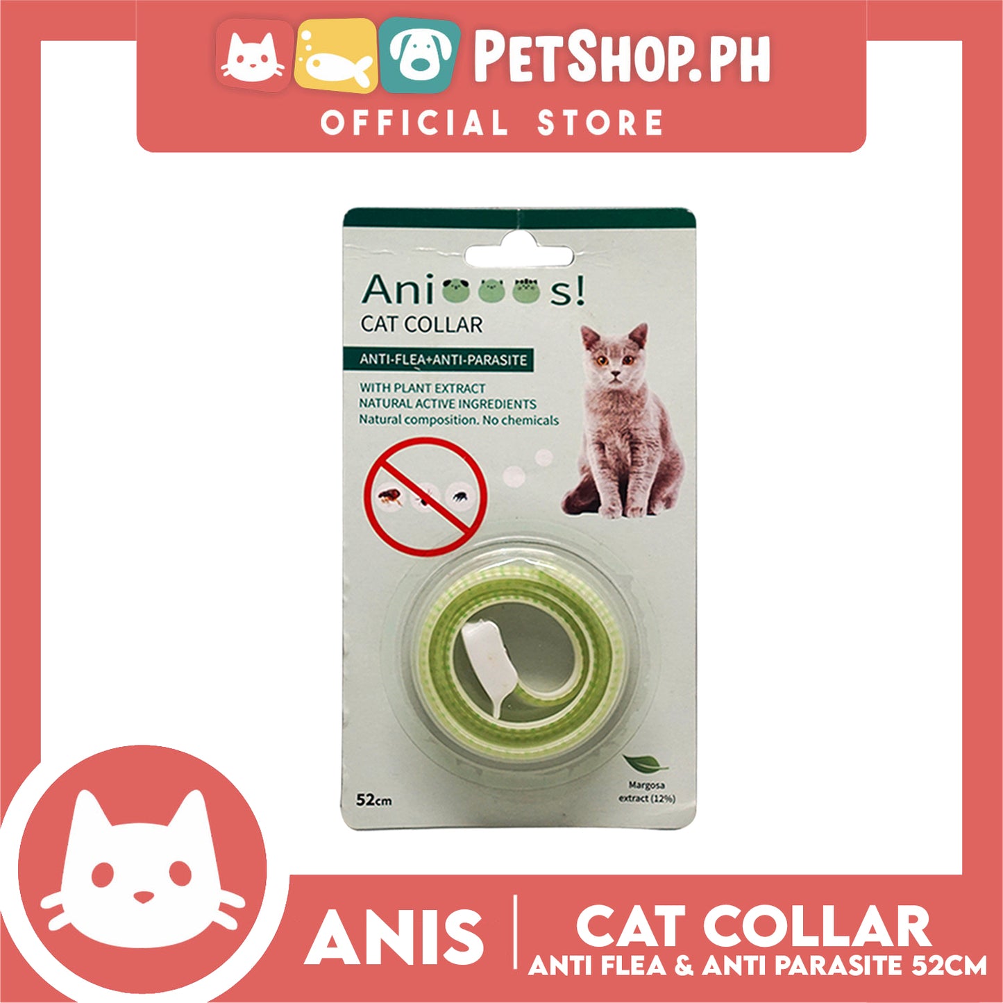 Adjustable Cat Collar Anti-Flea and Anti-Parasite 52cm with 12% Margosa Extract Flea C6713 (Mint)