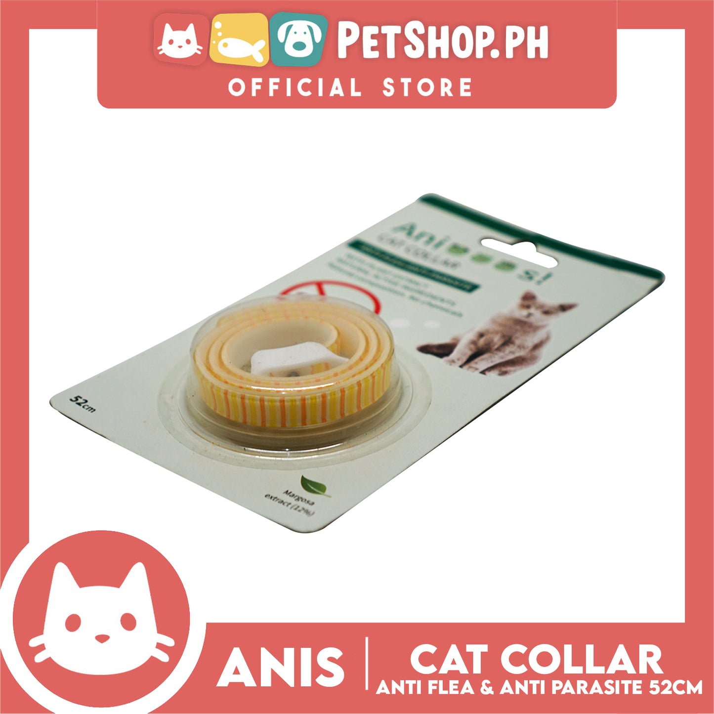Adjustable Cat Collar Anti-Flea and Anti-Parasite 52cm with 12% Margosa Extract Flea C6713 (Yellow)