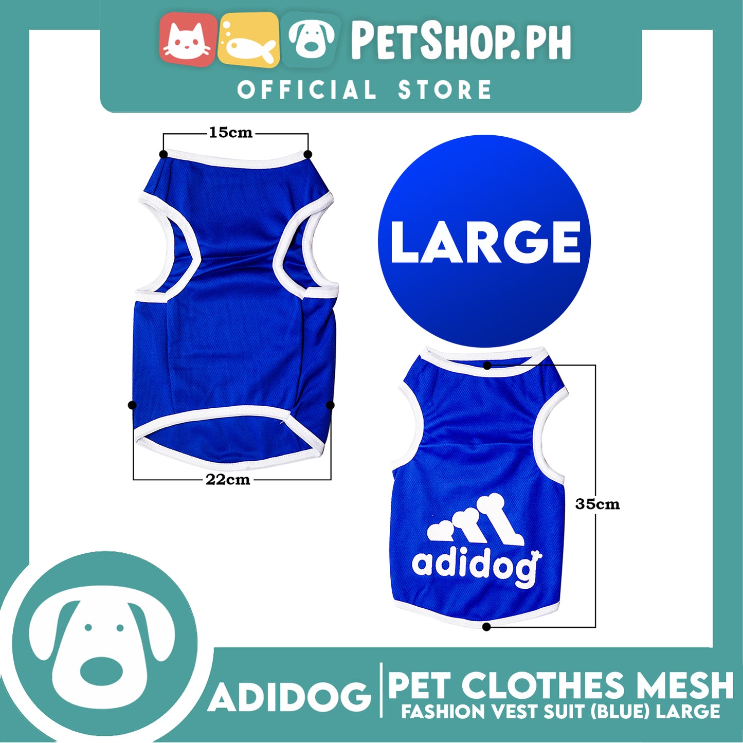 Adidog Pet Clothes Mesh Vet, Summer Dog Clothes, Breathable Mesh Vet, Dog Shirt, Pet Jersey, Fashion Vest Suit for Dogs (Blue) (Large)