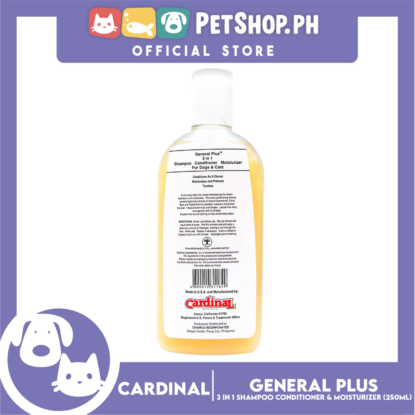 Cardinal General Plus 3 in 1 Shampoo, Conditioner and Moisturizer 250ml For Dogs and Cats