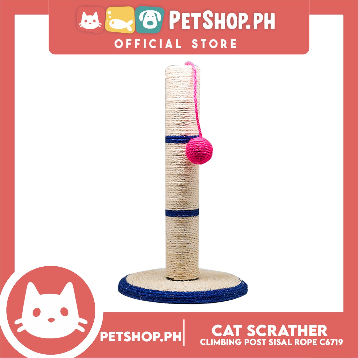 Cat Scratcher Climbing Post and Sisal Rope C6719 with Dangling Teasing Rope for Cat Grinding Claws & Protecting Furniture