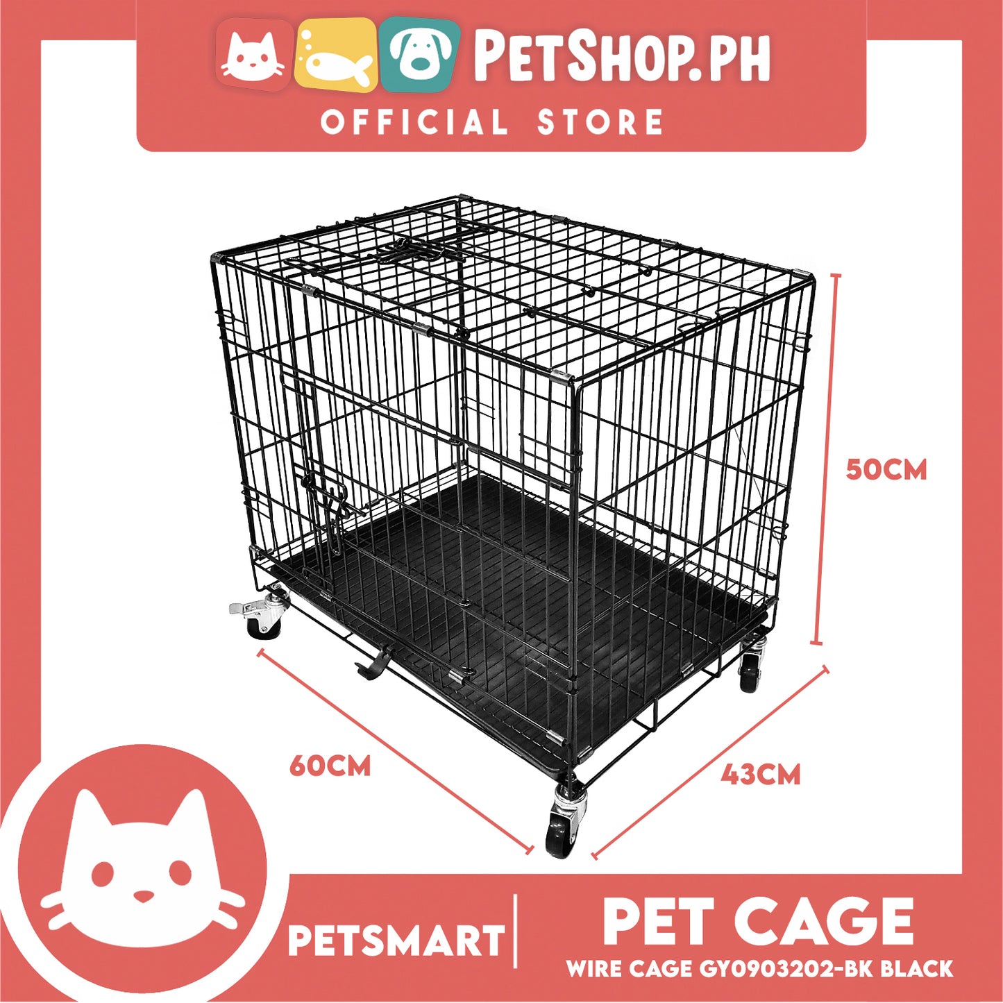 Pet Cage Wire Flooring, Painted Black Wire Cage, Comes With Tray Underneath (GY0903202) 60cm x 43cm x 50cm Pet Cage, Pet Accessories, Pet House