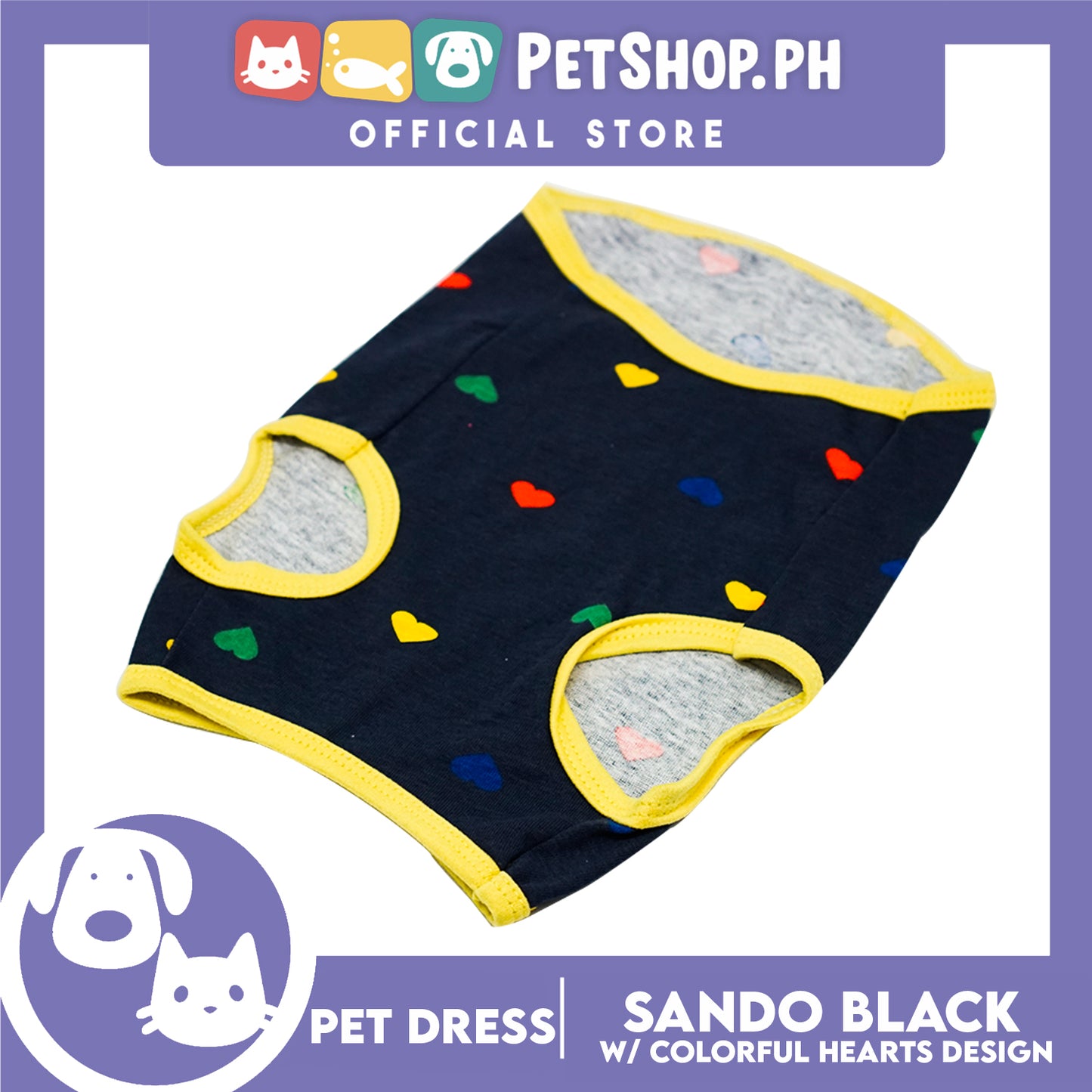 Pet Cloth Black Sando with Colorful Hearts Design