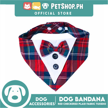 Dog Pet Bandana (Small) Red Checkered Plaid Fabric Tuxedo Design Washable Scarf