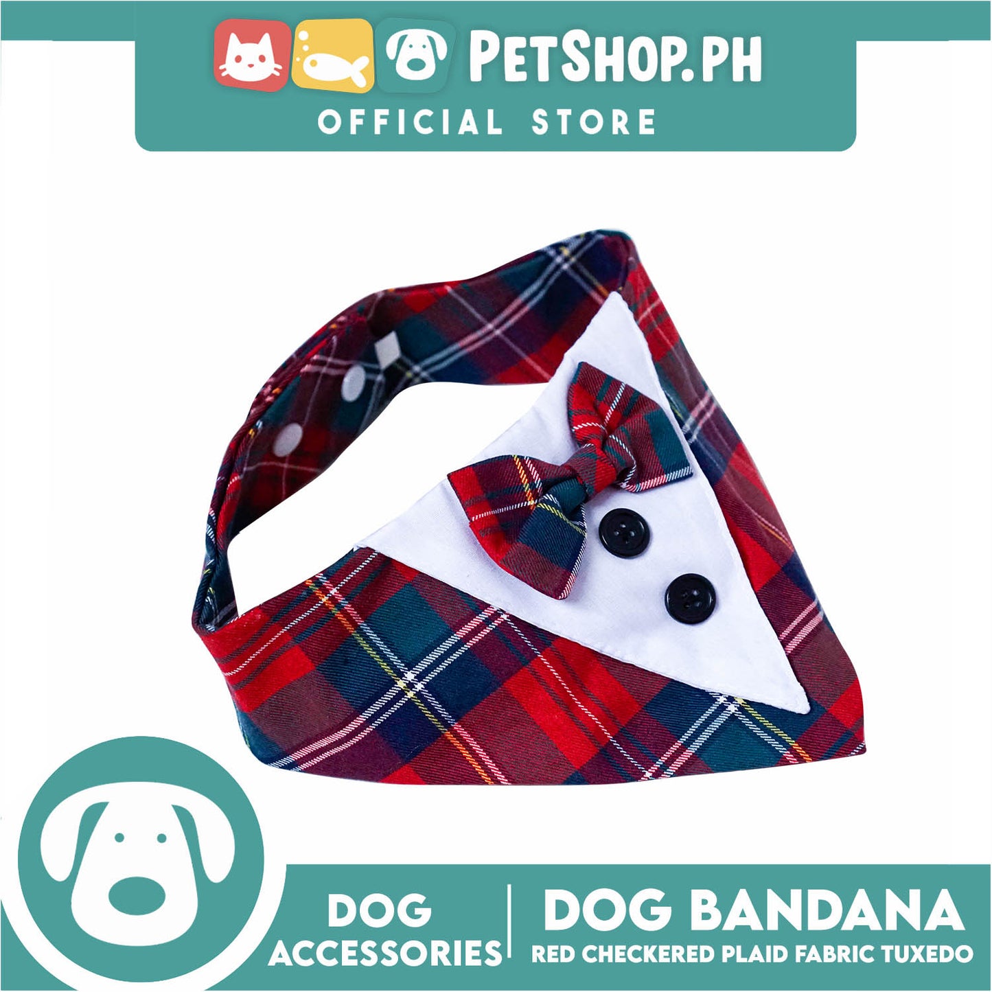 Dog Pet Bandana (Small) Red Checkered Plaid Fabric Tuxedo Design Washable Scarf