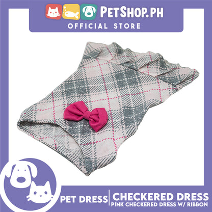 Pet Cloth Pink Checkered Dress with Pink Ribbon Design