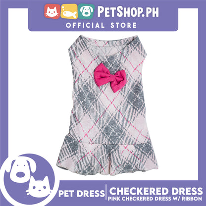 Pet Cloth Pink Checkered Dress with Pink Ribbon Design