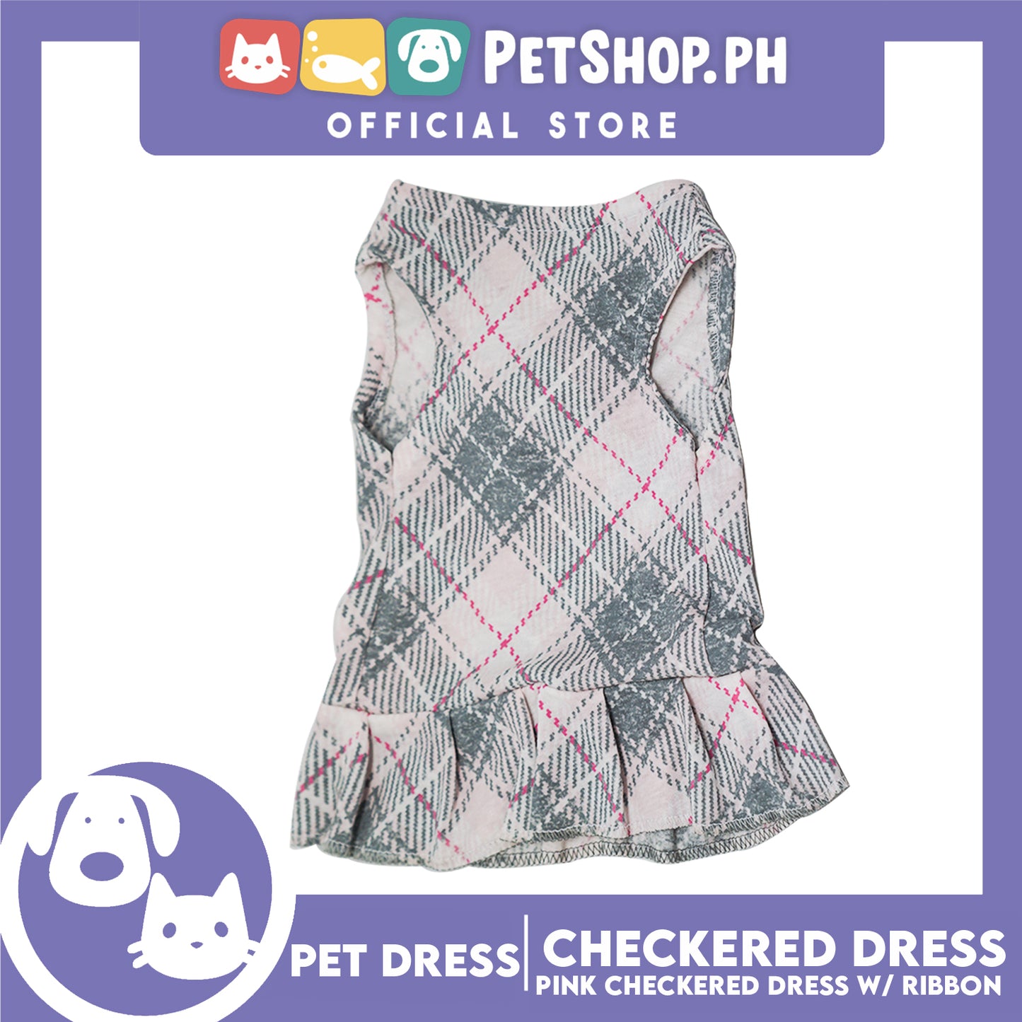 Pet Cloth Pink Checkered Dress with Pink Ribbon Design