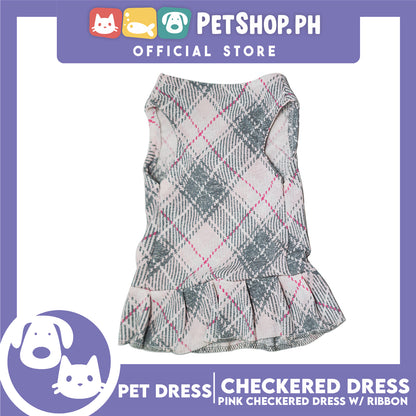 Pet Cloth Pink Checkered Dress with Pink Ribbon Design