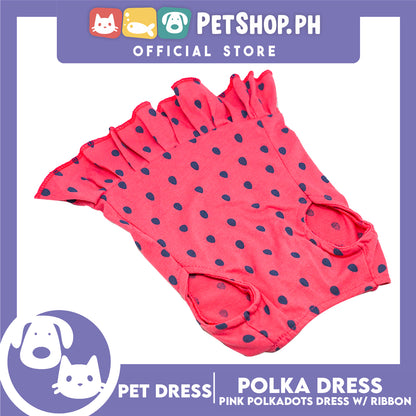 Pet Cloth Pink Polka Dress with Violet Ribbon Design