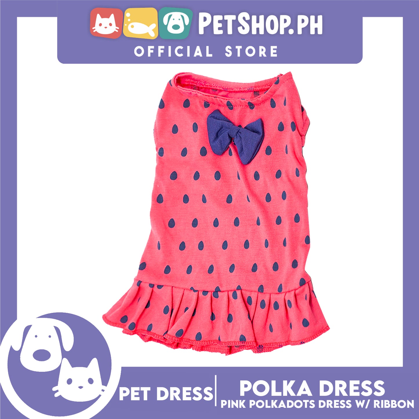 Pet Cloth Pink Polka Dress with Violet Ribbon Design