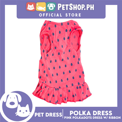 Pet Cloth Pink Polka Dress with Violet Ribbon Design