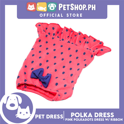 Pet Cloth Pink Polka Dress with Violet Ribbon Design