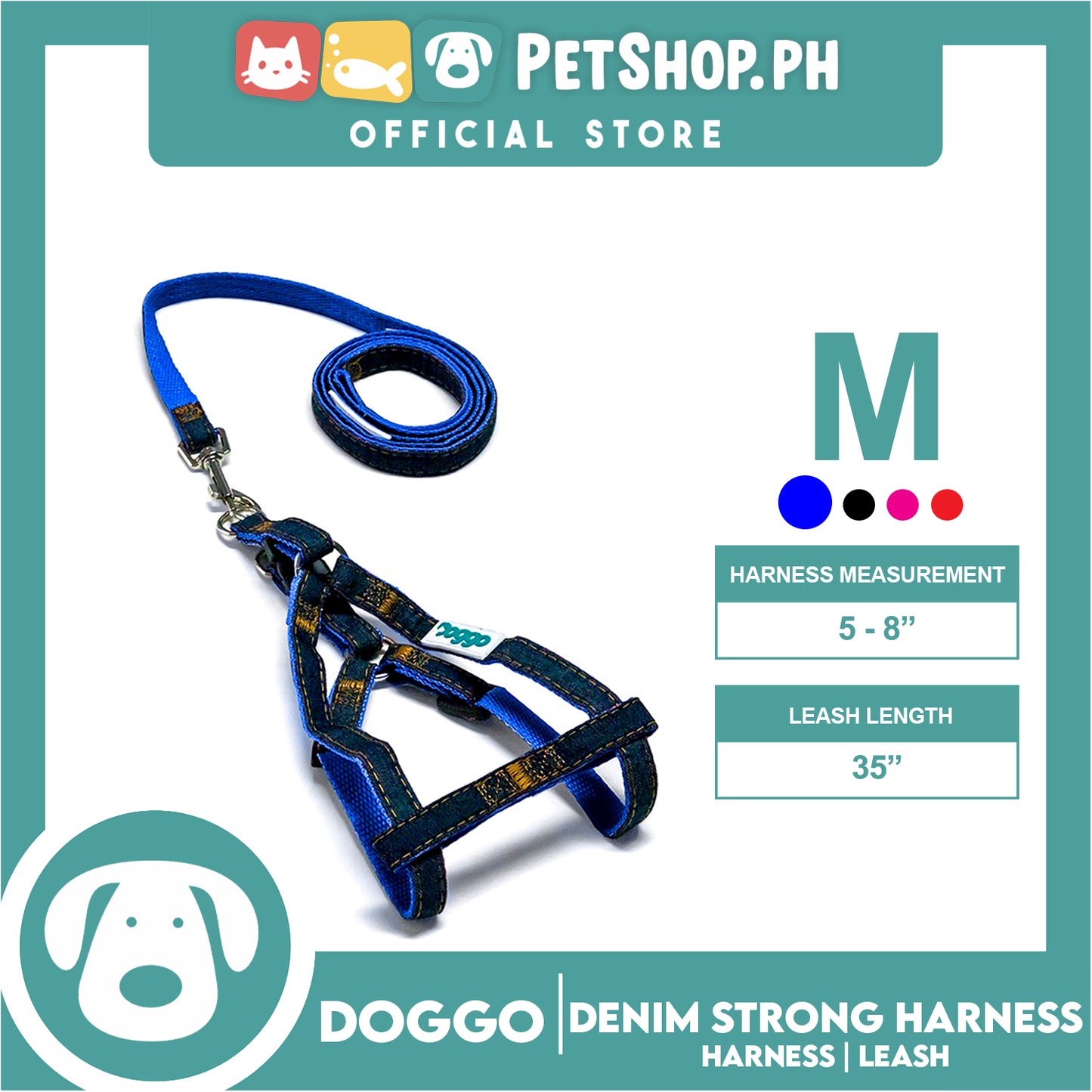 Doggo Denim Strong Harness Medium (Blue) Thick Leash and Straps for Your Dog