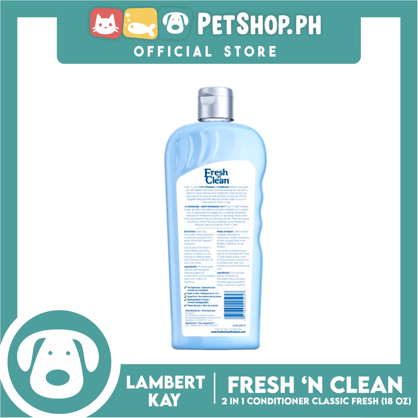 Lambert Kay Fresh 'N Clean 2-in-1 Dog Shampoo and Conditioner, Baby Powder Scent 18oz (Classic Fresh)