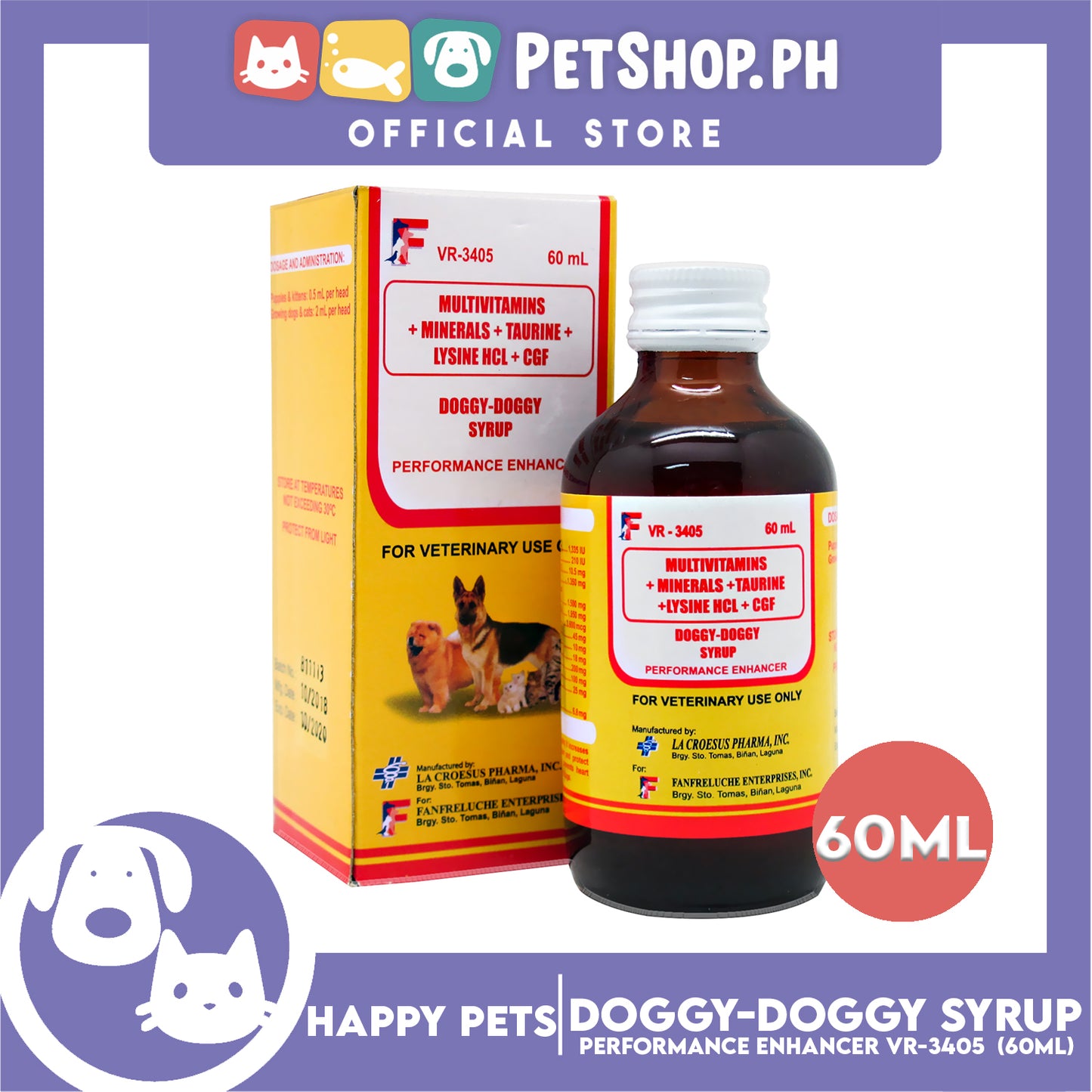 Happy Pets Doggy Doggy Syrup, Multivitamins + Minerals + Taurine + Lysine HCL + CGF Enhancer for Cats and Dogs 60ml