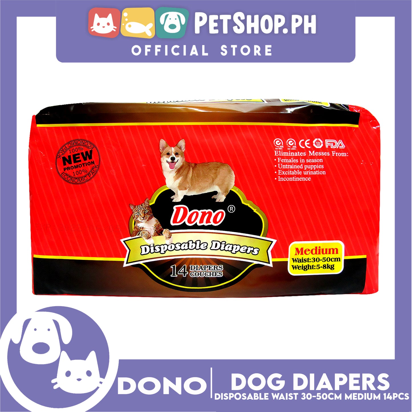 Dono Disposable Diapers Super Absorbent Medium 14 pcs Dog Diaper