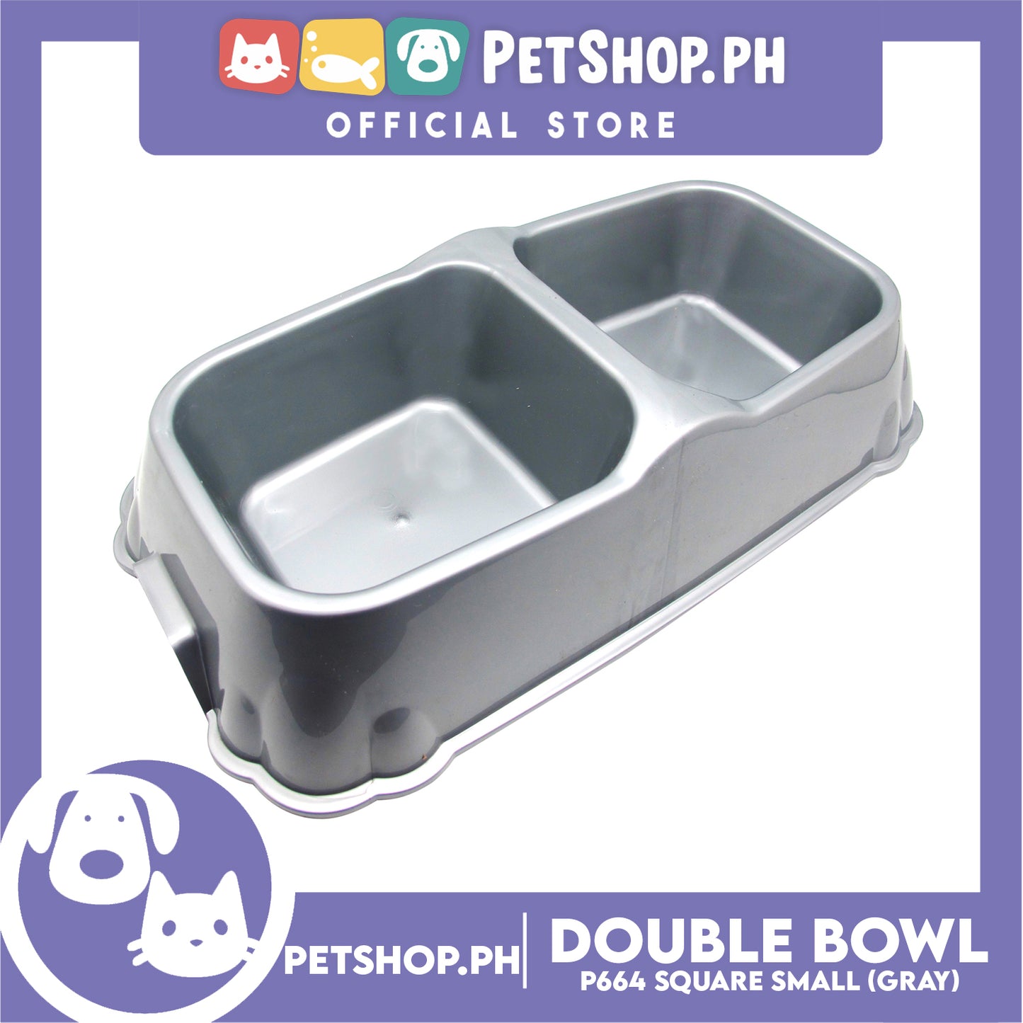 Petshop.ph P664 Square Double Bowl Small Gray
