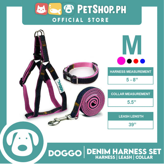 Doggo Strong Harness Set Denim Design Medium (Pink) Harness, Leash and Collar for Your Dog