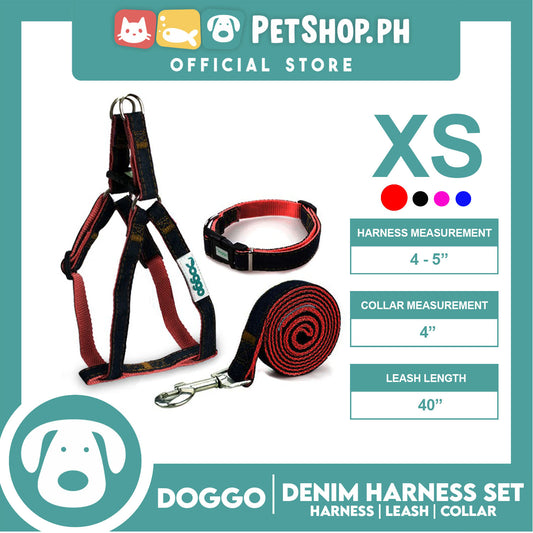 Doggo Strong Harness Set Denim Design Extra Small (Red) Harness, Leash and Collar for Your Dog