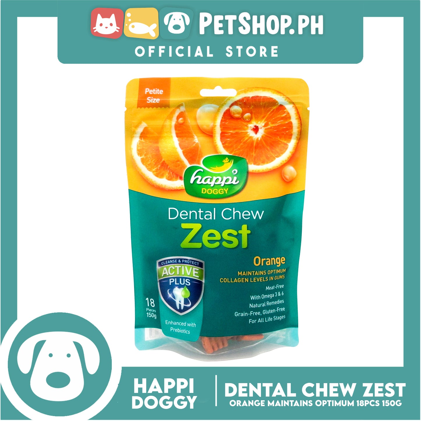 Happi Doggy Dental Chew Zest 18pcs. 150g (Orange) Dog Treats