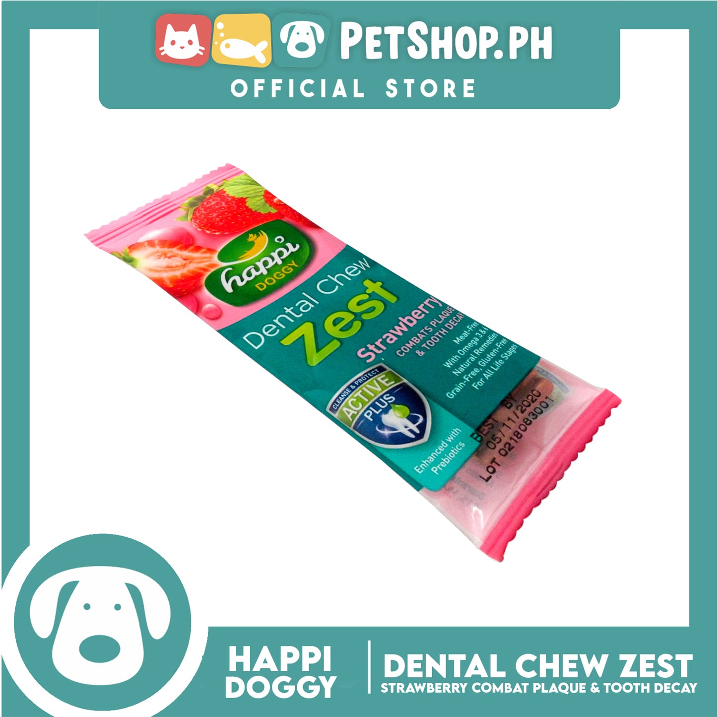 Happi Doggy Dental Chew Zest 1pc. 30g (Strawberry) Dog Treats