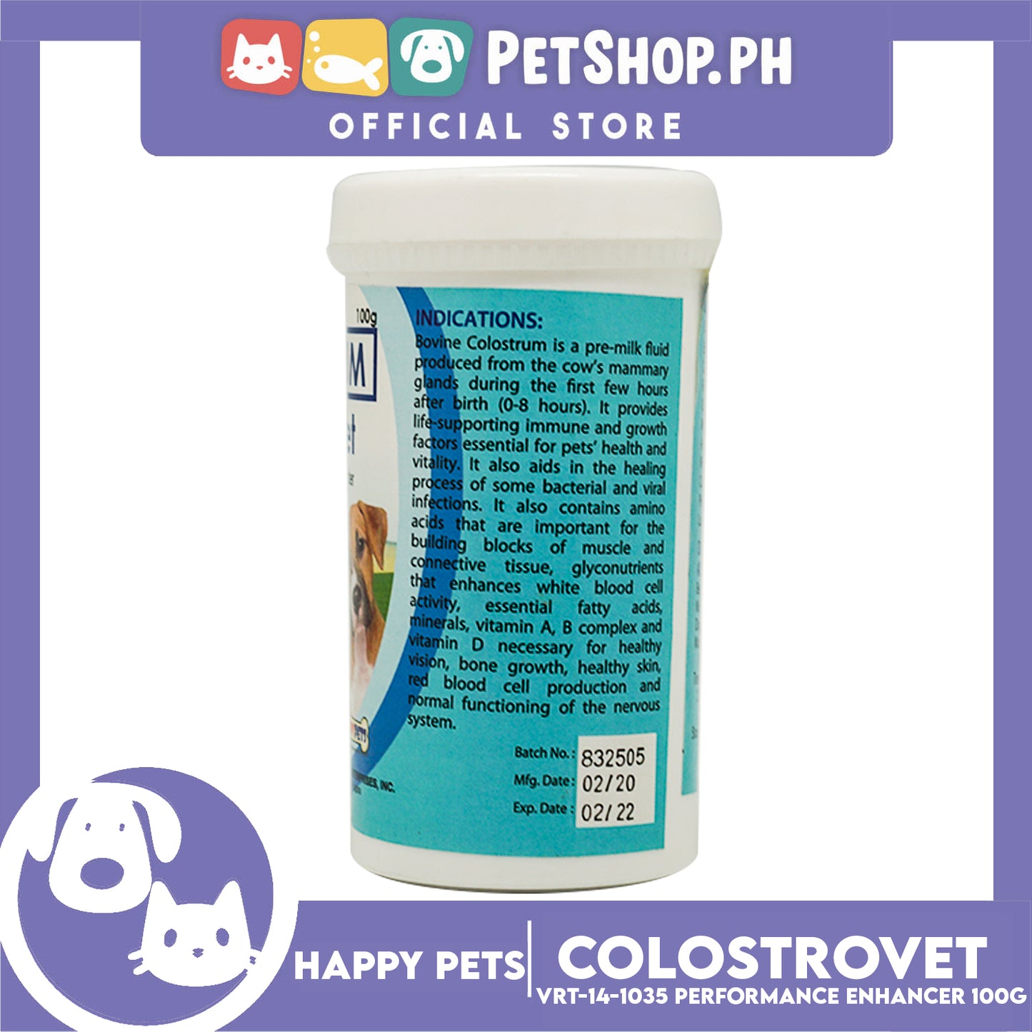 Happy Pets Colostrum Colostrovet VRT-14-1035 Performance Enhancer 100g Pets Immune Booster