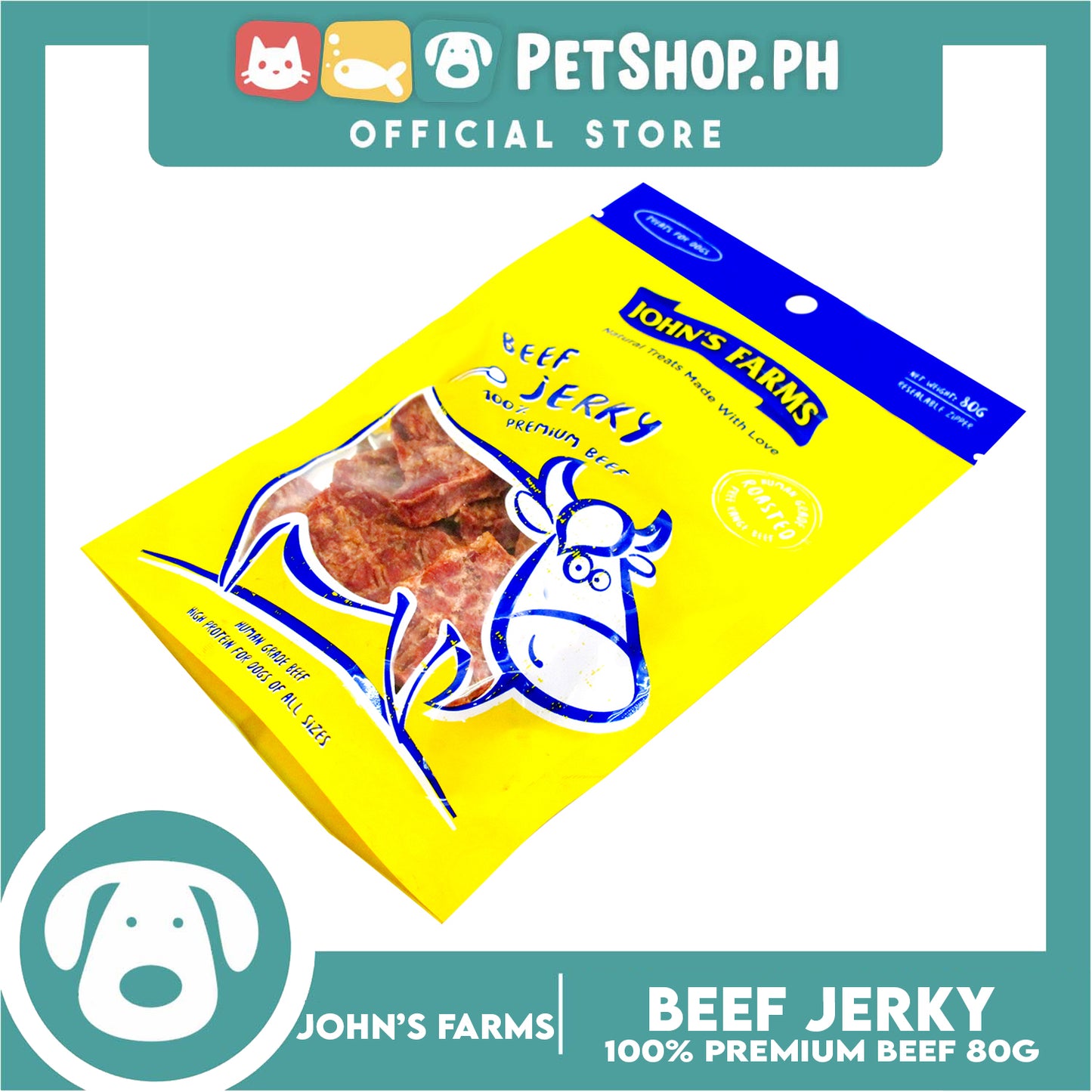 John's Farms Dog Food, High Protein For Dogs Of All Sizes, Resealable Zipper 80g (Beef Jerky) Dog Treats