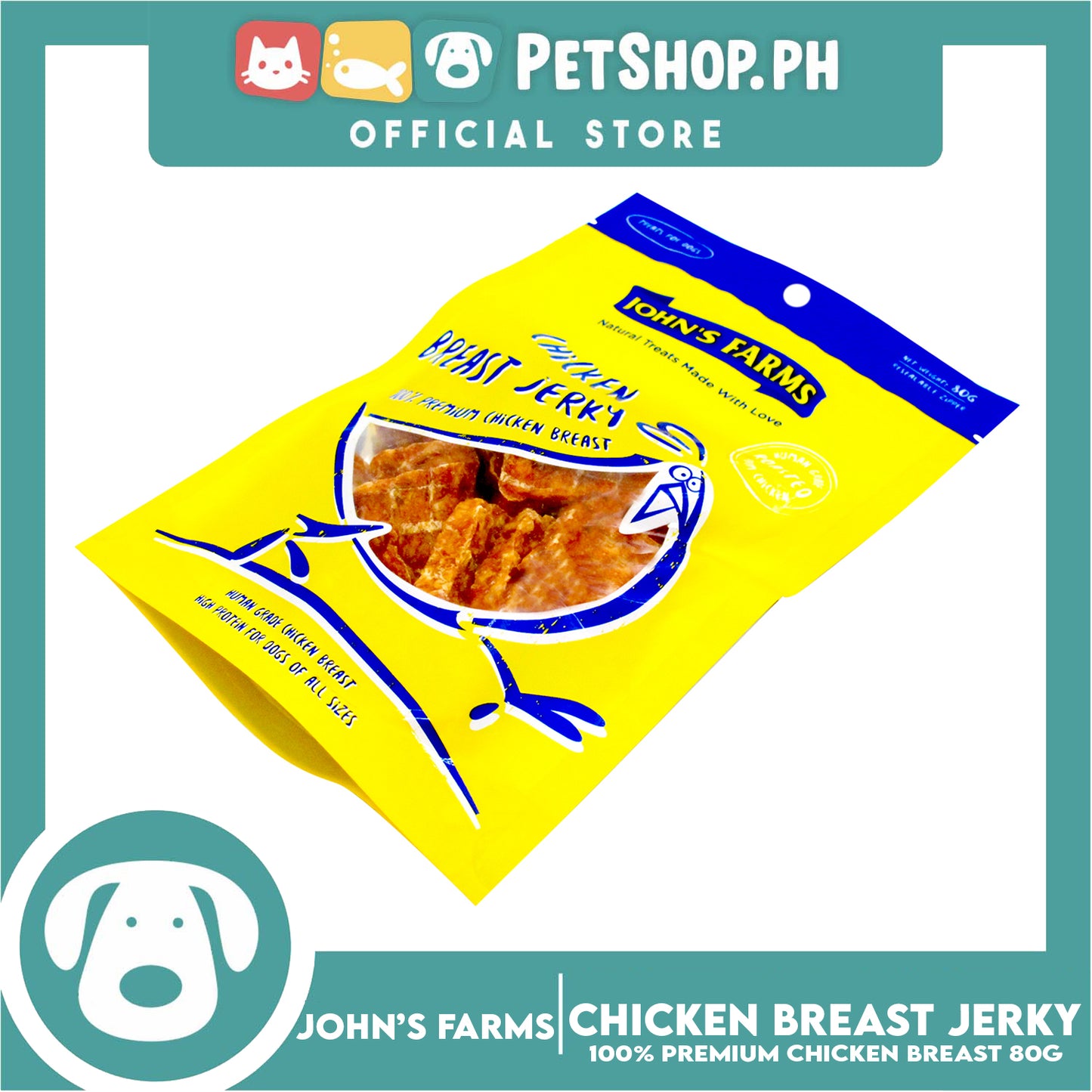 John's Farms Dog Food, High Protein For Dogs Of All Sizes, Resealable Zipper 80g (Chicken Breast Jerky) Dog Treats