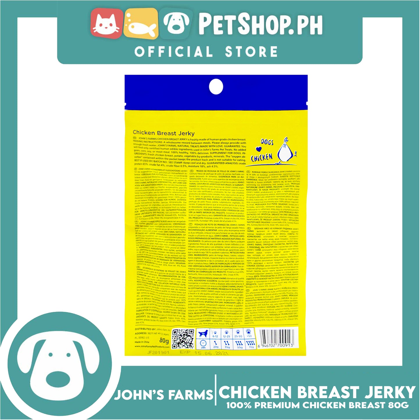 John's Farms Dog Food, High Protein For Dogs Of All Sizes, Resealable Zipper 80g (Chicken Breast Jerky) Dog Treats