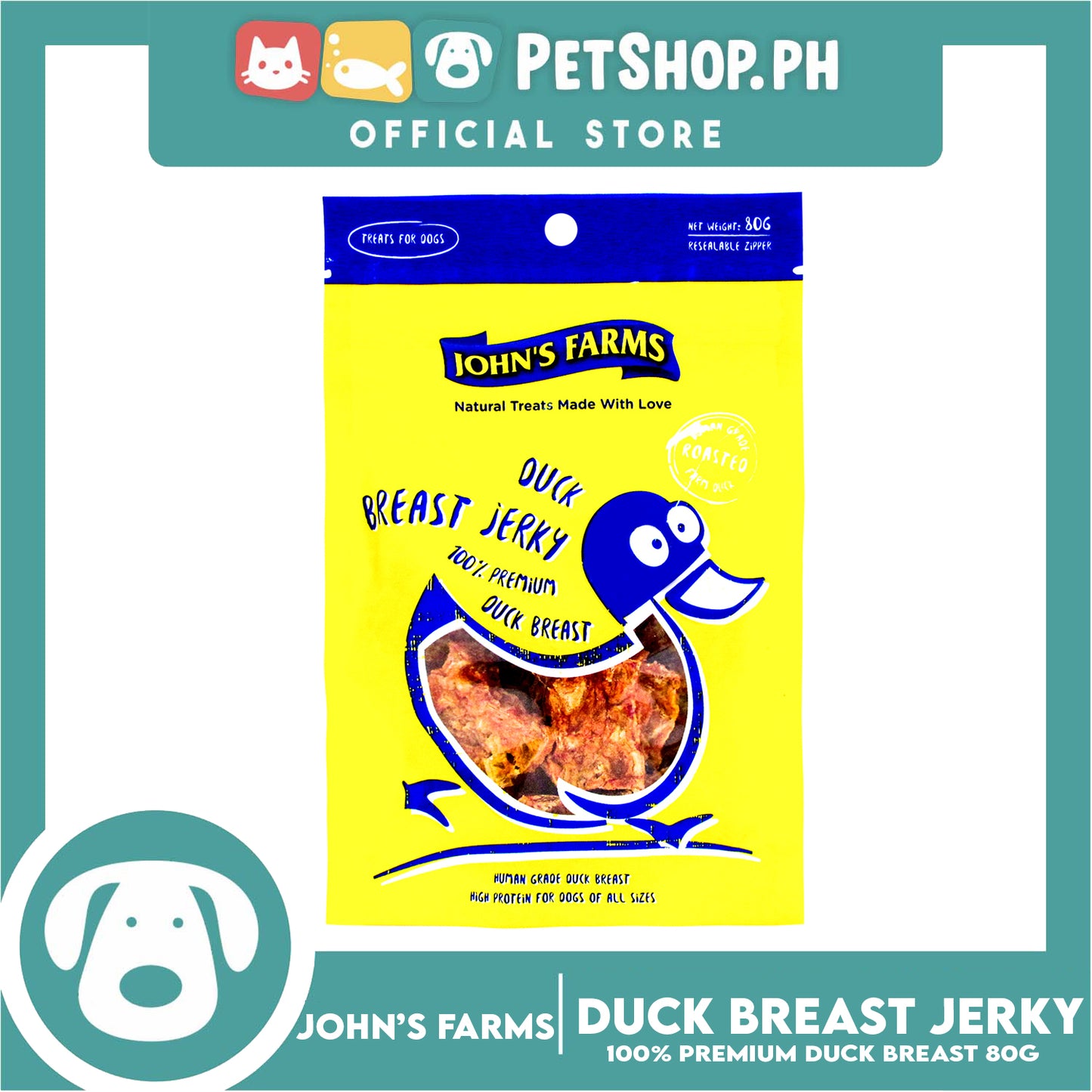 John's Farms Dog Food, High Protein For Dogs Of All Sizes, Resealable Zipper 80g (Duck Breast Jerky) Dog Treats