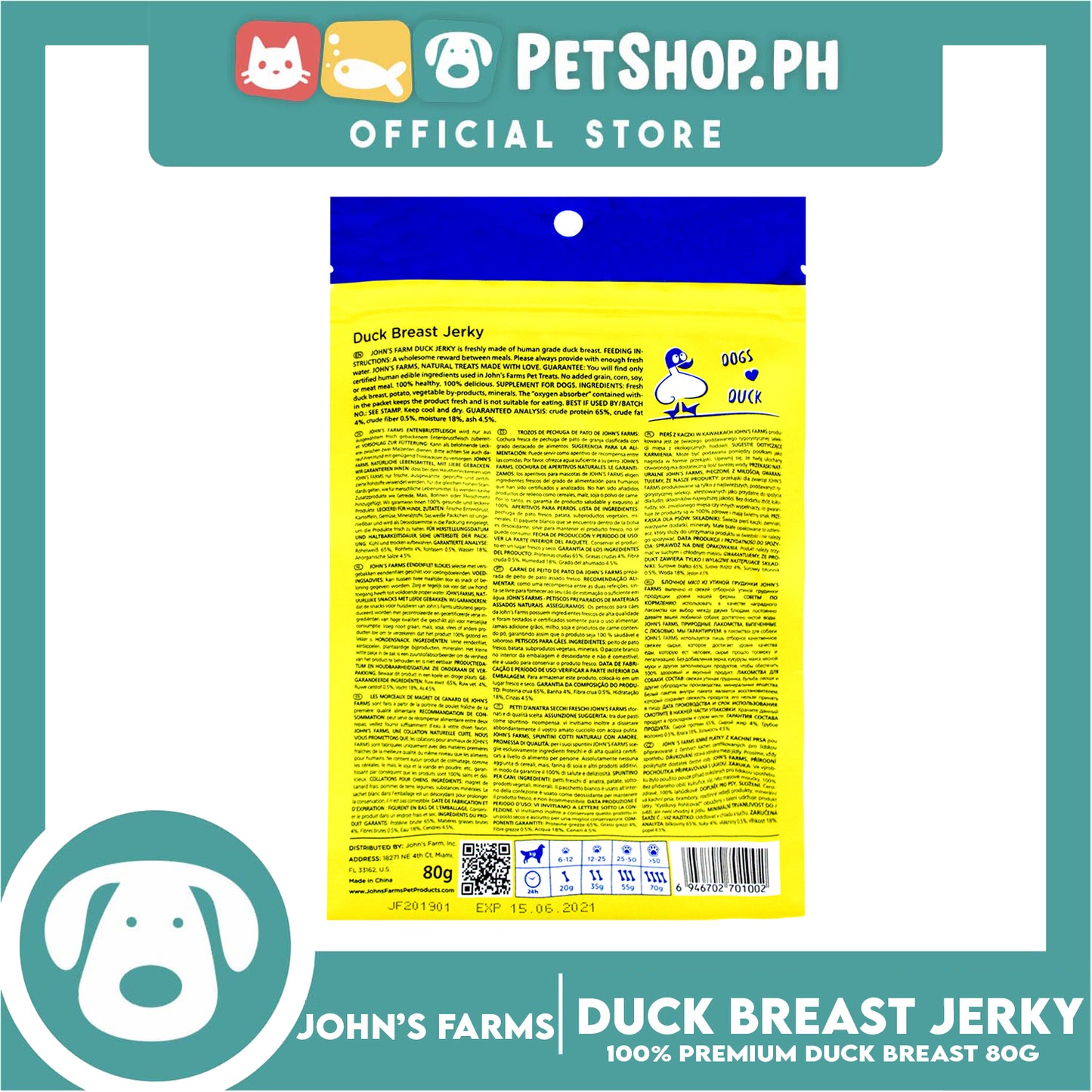 John's Farms Dog Food, High Protein For Dogs Of All Sizes, Resealable Zipper 80g (Duck Breast Jerky) Dog Treats