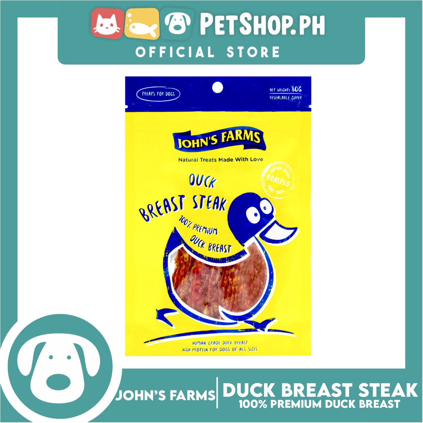 John's Farms Dog Food, High Protein For Dogs Of All Sizes, Resealable Zipper 80g (Duck Breast Steak) Dog Treats
