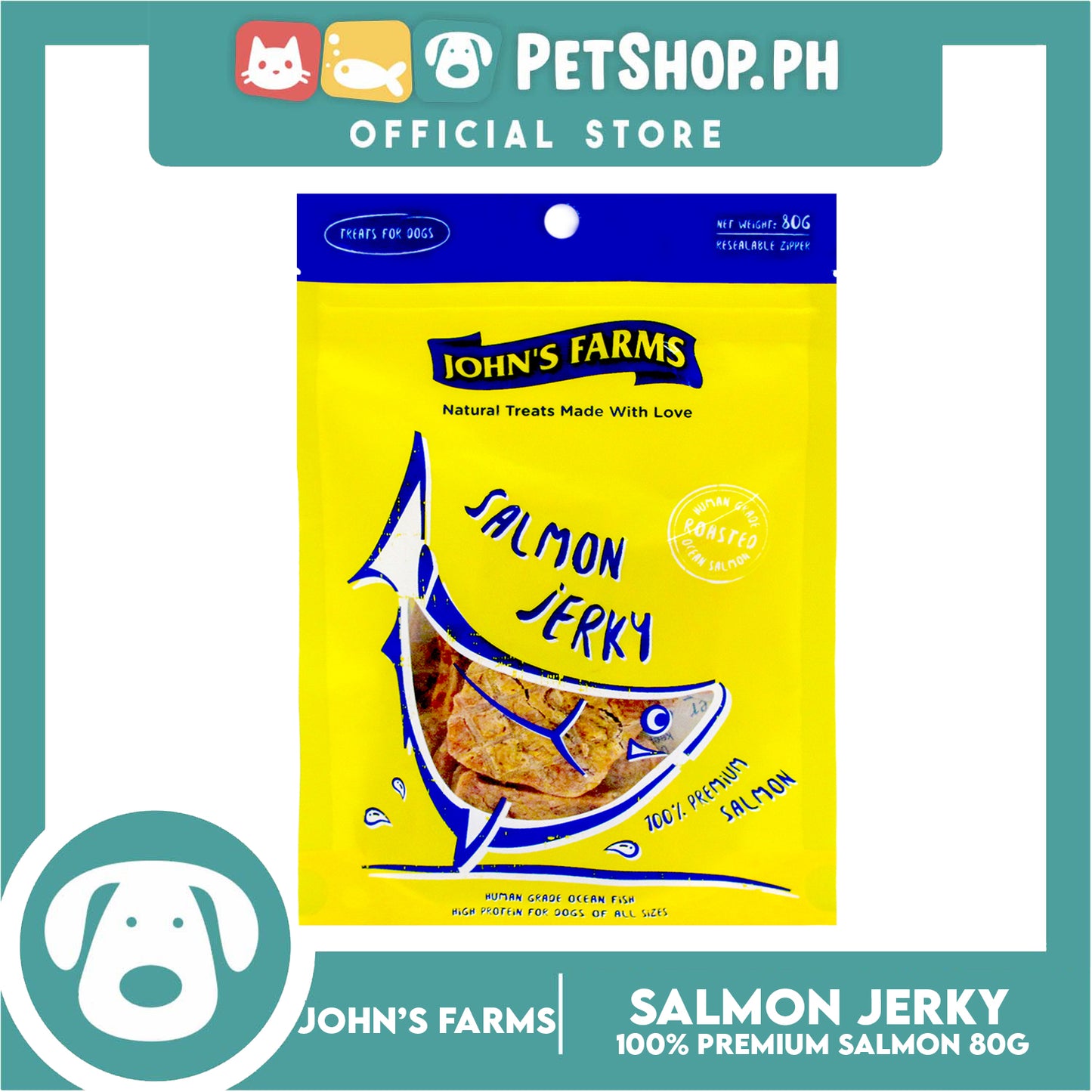 John's Farms Dog Food, High Protein For Dogs Of All Sizes, Resealable Zipper 80g (Salmon Jerky) Dog Treats