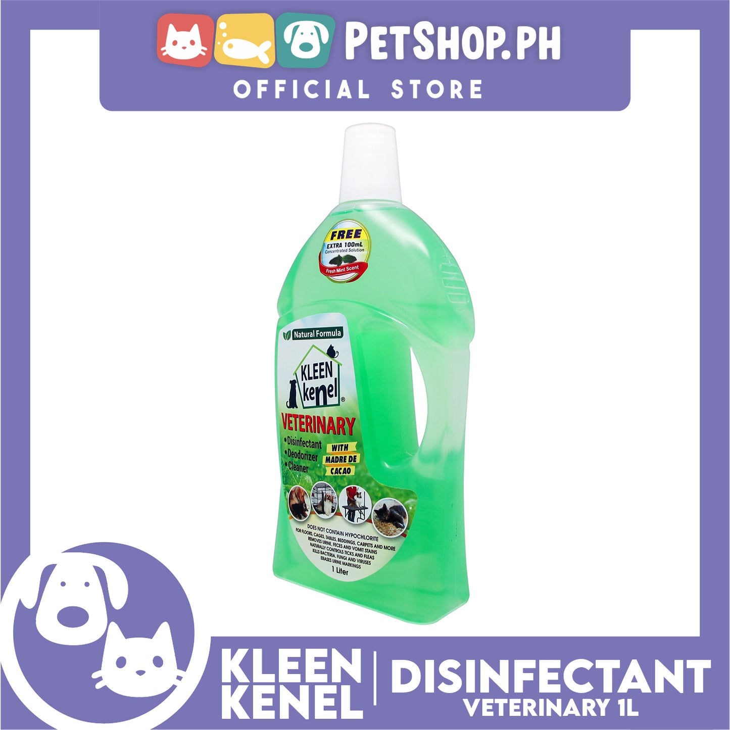 Kleen Kenel Pet Disinfectant Deodorizer Cleaner With Madre De Cacao 1 Liter (Fresh Mint Scent)