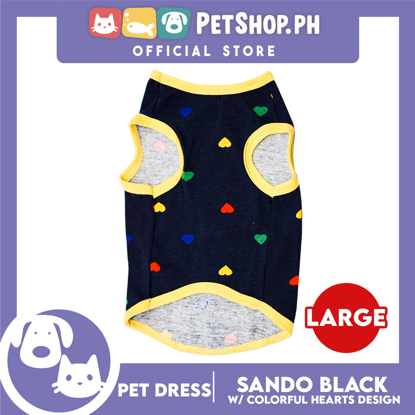 Pet Cloth Black Sando with Colorful Hearts Design