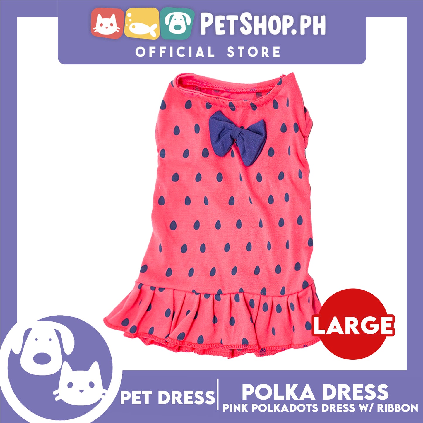 Pet Cloth Pink Polka Dress with Violet Ribbon Design