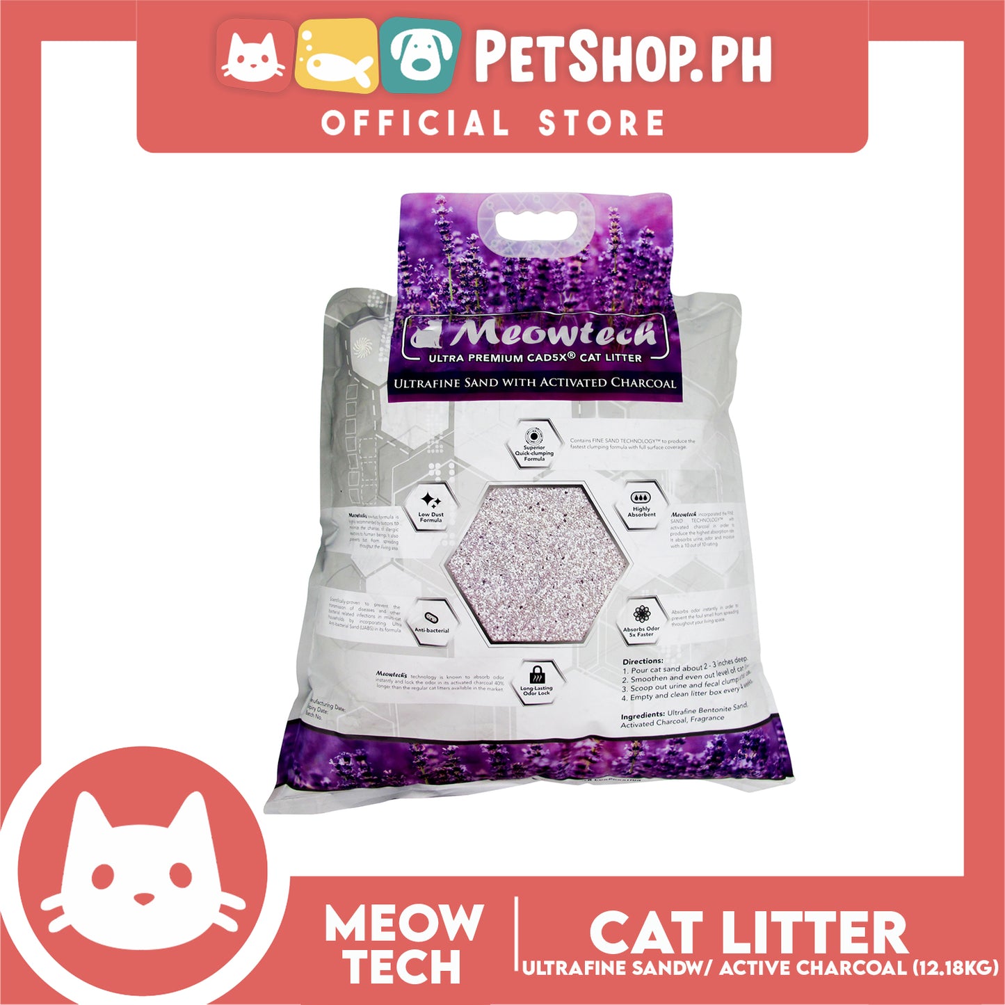 Meowtech Ultra Premium Cat Litter 12.18L (Lavender Scent) Ultra-Fine Sand with Activated Charcoal