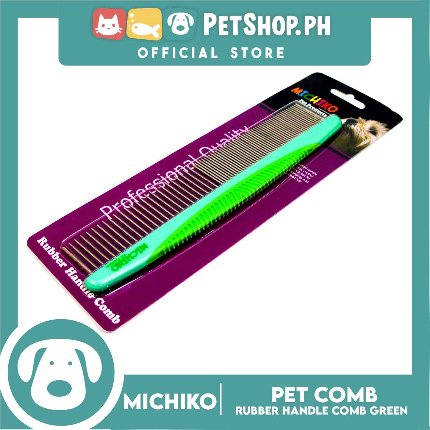 Michiko Rubber Handle Pet Comb (Green) Pet Grooming