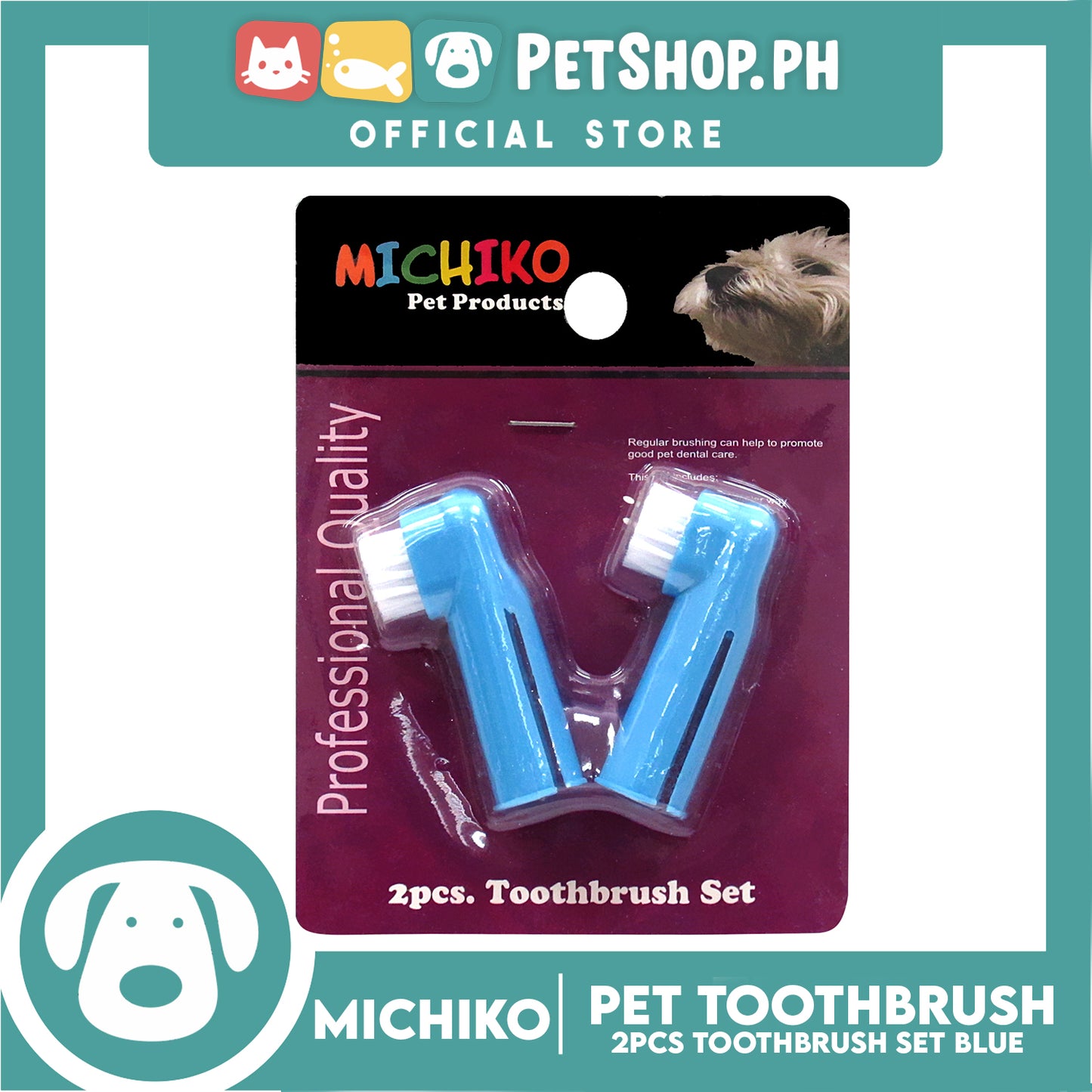 Michiko 2pcs Pet Toothbrush Set (Blue) Pet Finger Brush, Pet Finger Gum Massager, Pet Dental Care