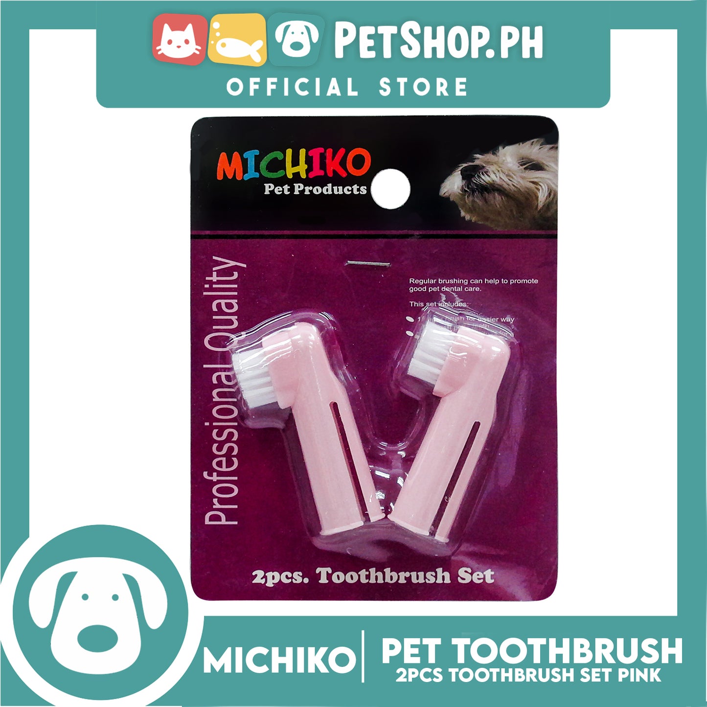 Michiko 2pcs Pet Toothbrush Set (Pink) Pet Finger Brush, Pet Finger Gum Massager, Pet Dental Care