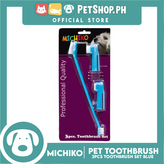 Michiko 3pcs Pet Toothbrush Set (Blue) Pet Finger Brush, Pet Finger Gum Massager, Pet Dental Care